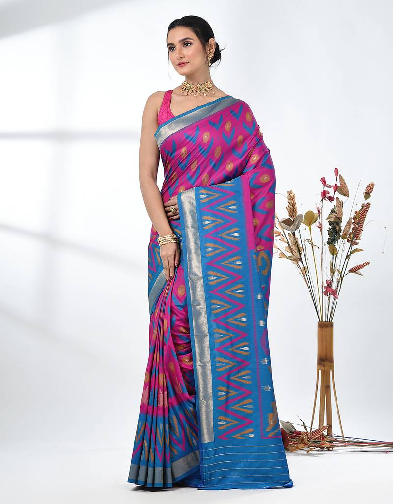 exquisite fuchsia pochampally silk blend saree with vibrant ikat pattern