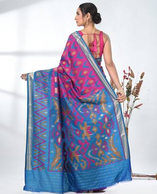 exquisite fuchsia pochampally silk blend saree with vibrant ikat pattern 3