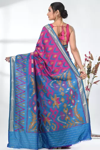 exquisite fuchsia pochampally silk blend saree with vibrant ikat pattern