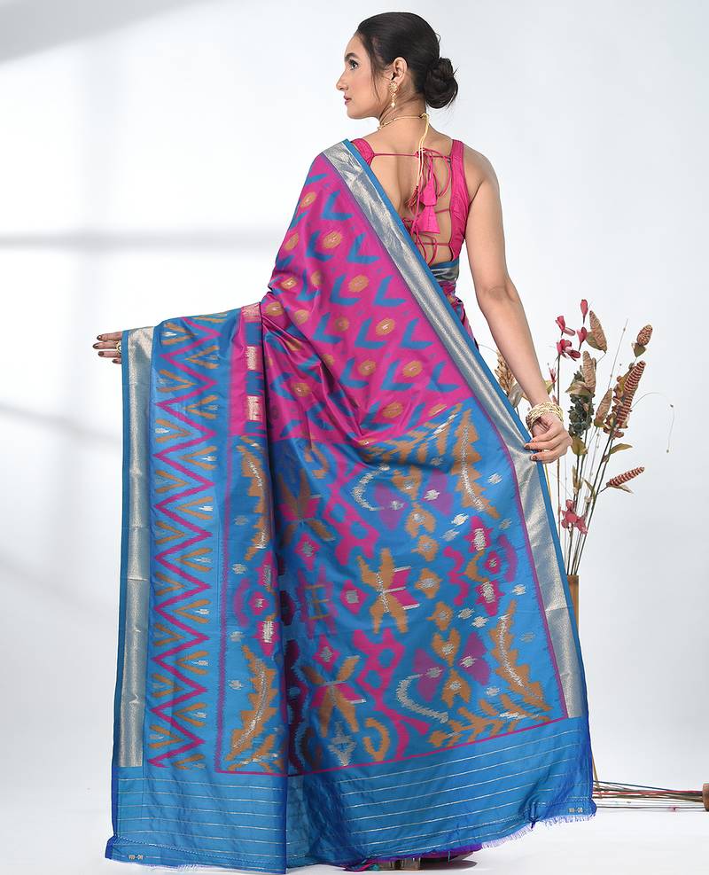 exquisite fuchsia pochampally silk blend saree with vibrant ikat pattern