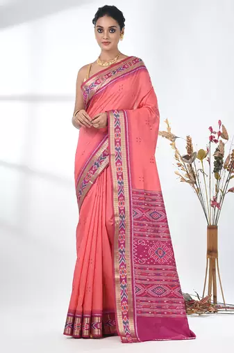 elegant pink tussar silk blend saree with sambhal puri ikat border