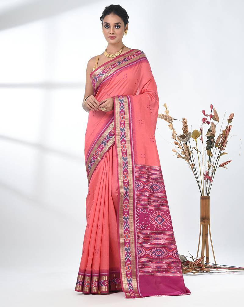 elegant pink tussar silk blend saree with sambhal puri ikat border
