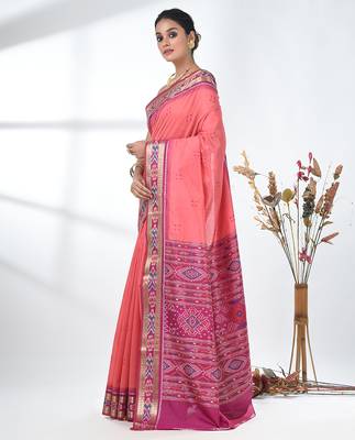 elegant pink tussar silk blend saree with sambhal puri ikat border 2