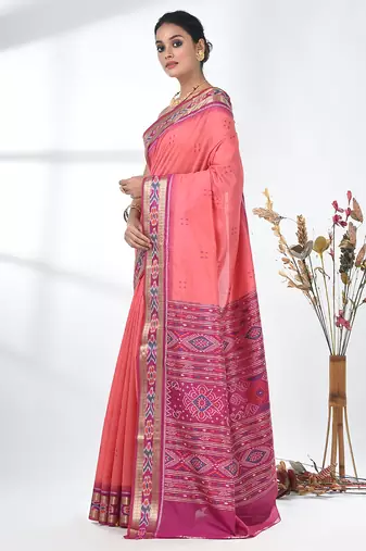 elegant pink tussar silk blend saree with sambhal puri ikat border