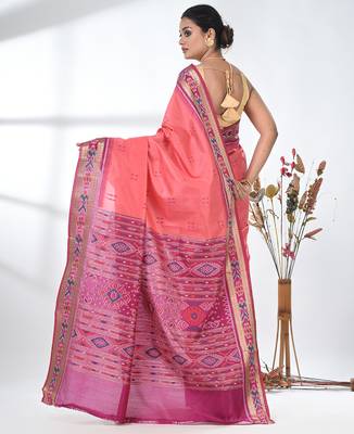 elegant pink tussar silk blend saree with sambhal puri ikat border 3