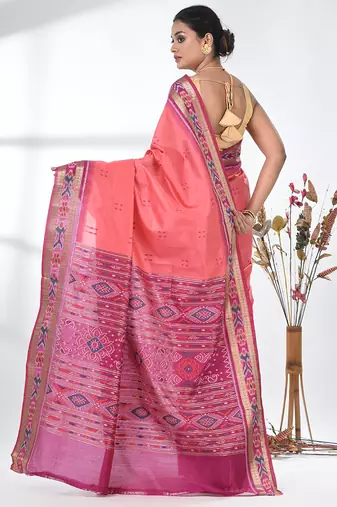 elegant pink tussar silk blend saree with sambhal puri ikat border