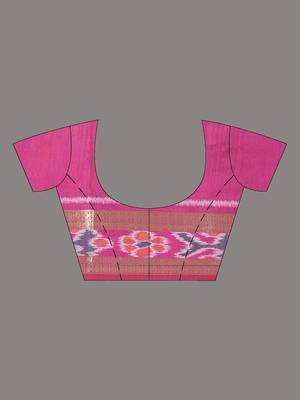 elegant pink tussar silk blend saree with sambhal puri ikat border 4