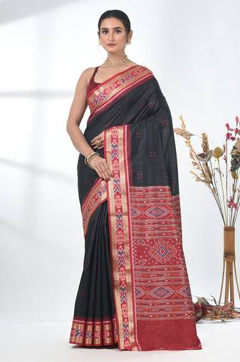 elegant black tussar silk blend saree with sambhal puri ikat border