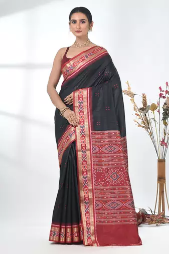 elegant black tussar silk blend saree with sambhal puri ikat border