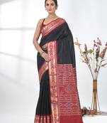 elegant black tussar silk blend saree with sambhal puri ikat border