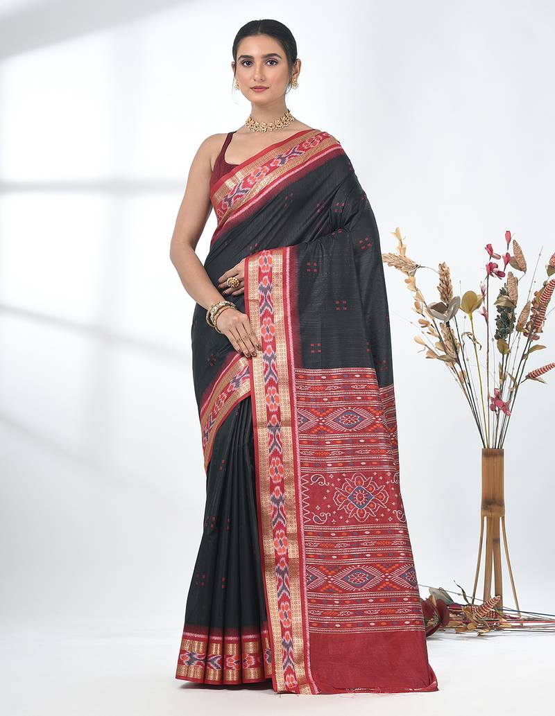 elegant black tussar silk blend saree with sambhal puri ikat border