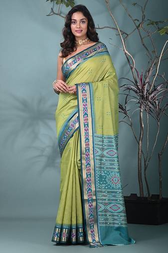 elegant green tussar silk blend saree with sambhal puri ikat border