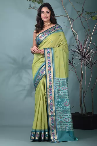 elegant green tussar silk blend saree with sambhal puri ikat border