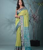 elegant green tussar silk blend saree with sambhal puri ikat border