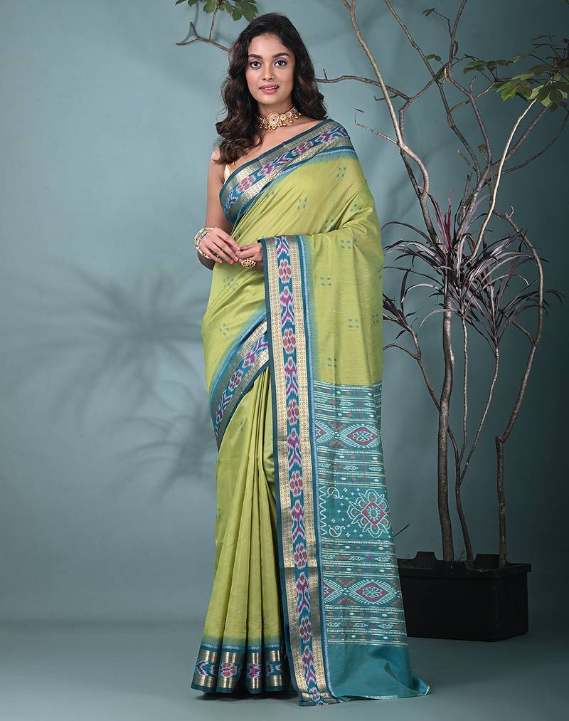 elegant green tussar silk blend saree with sambhal puri ikat border