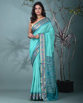 elegant sea green tussar silk blend saree with sambhal puri ikat border 1