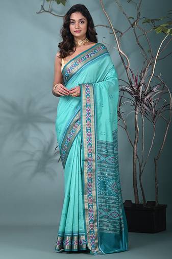 elegant sea green tussar silk blend saree with sambhal puri ikat border