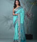 elegant sea green tussar silk blend saree with sambhal puri ikat border