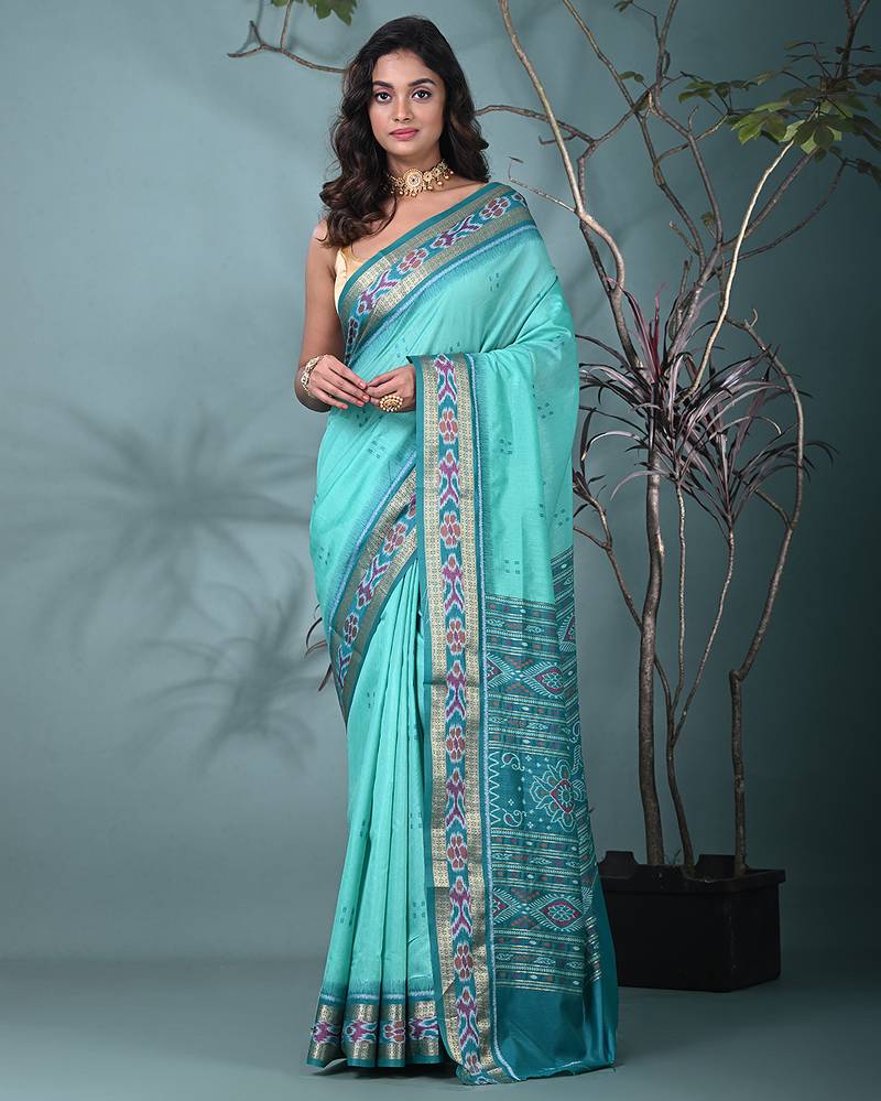 elegant sea green tussar silk blend saree with sambhal puri ikat border