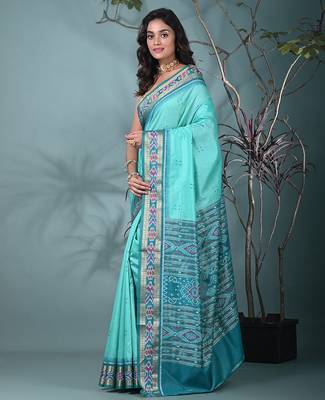 elegant sea green tussar silk blend saree with sambhal puri ikat border 2