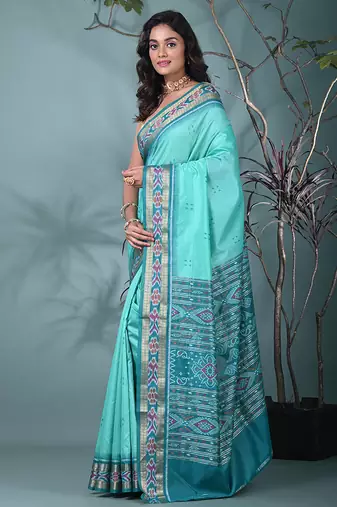 elegant sea green tussar silk blend saree with sambhal puri ikat border