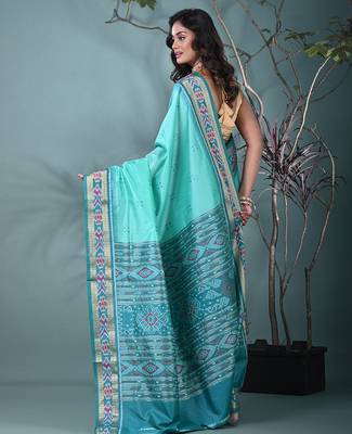 elegant sea green tussar silk blend saree with sambhal puri ikat border 3