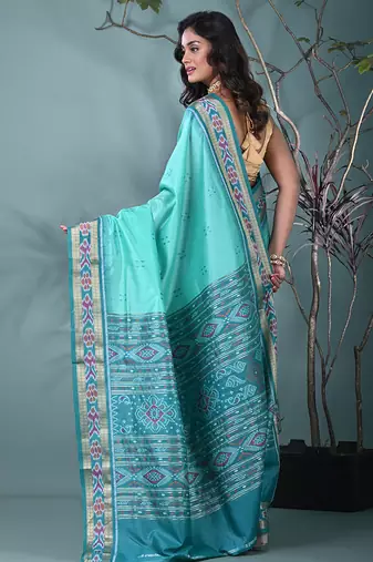 elegant sea green tussar silk blend saree with sambhal puri ikat border