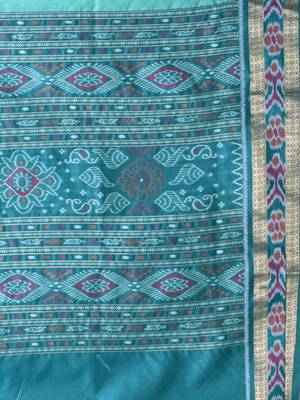 elegant sea green tussar silk blend saree with sambhal puri ikat border 4