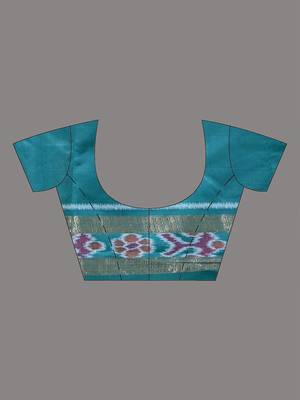 elegant sea green tussar silk blend saree with sambhal puri ikat border 5