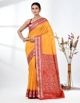 elegant yellow tussar silk blend saree with sambhal puri ikat border 1
