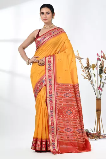 elegant yellow tussar silk blend saree with sambhal puri ikat border