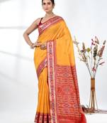 elegant yellow tussar silk blend saree with sambhal puri ikat border