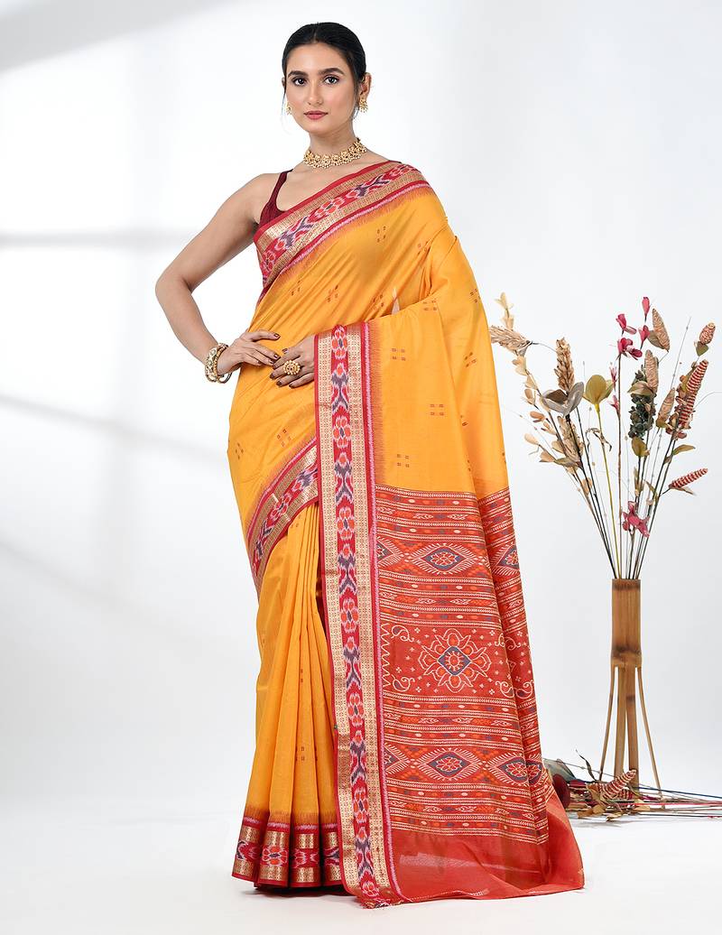 elegant yellow tussar silk blend saree with sambhal puri ikat border