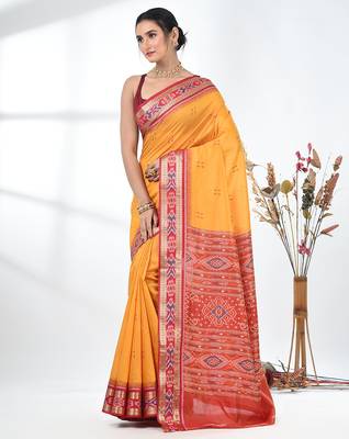 elegant yellow tussar silk blend saree with sambhal puri ikat border 2