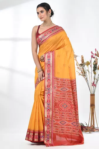 elegant yellow tussar silk blend saree with sambhal puri ikat border