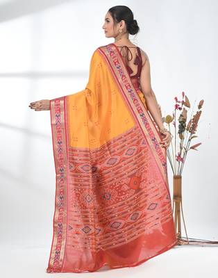 elegant yellow tussar silk blend saree with sambhal puri ikat border 3