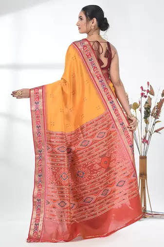 elegant yellow tussar silk blend saree with sambhal puri ikat border