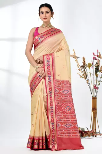 elegant beige tussar silk blend saree with sambhal puri ikat border