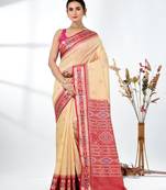 elegant beige tussar silk blend saree with sambhal puri ikat border