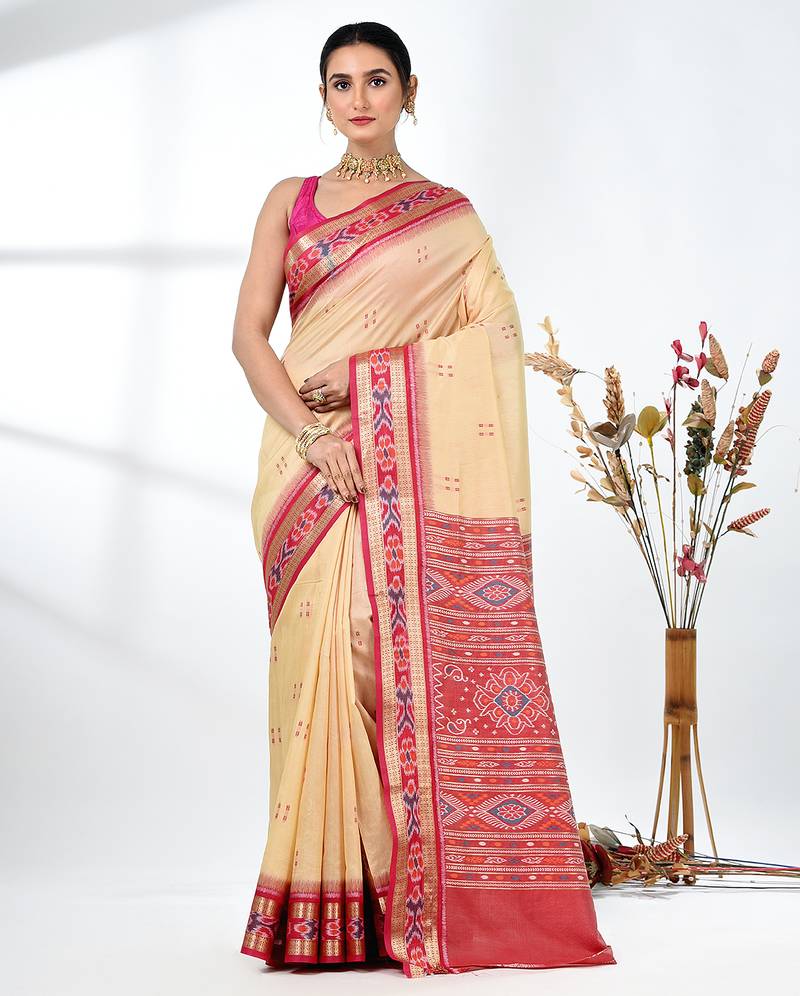 elegant beige tussar silk blend saree with sambhal puri ikat border
