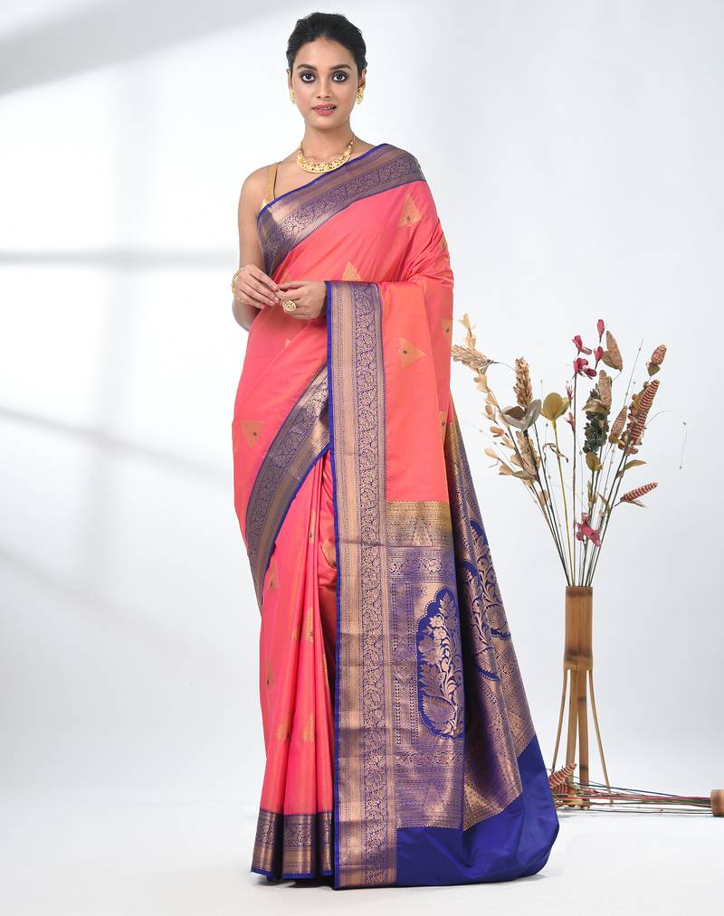 glamorous pink south silk blend saree with intricate zari border
