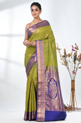 glamorous lime green south silk blend saree with intricate zari border