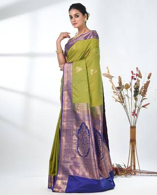 glamorous lime green south silk blend saree with intricate zari border 2
