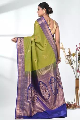 glamorous lime green south silk blend saree with intricate zari border