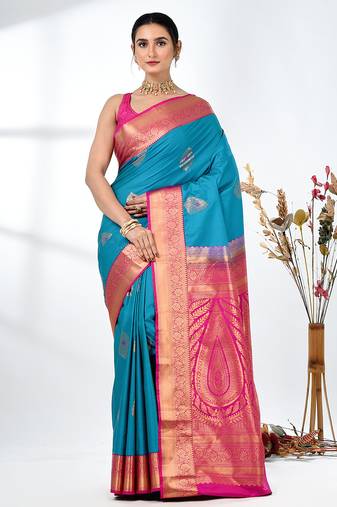 glamorous sky blue south silk blend saree with intricate zari border