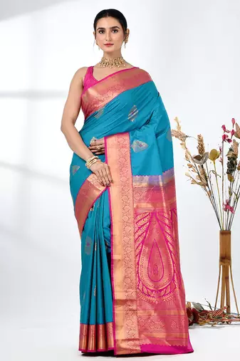 glamorous sky blue south silk blend saree with intricate zari border