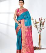 glamorous sky blue south silk blend saree with intricate zari border