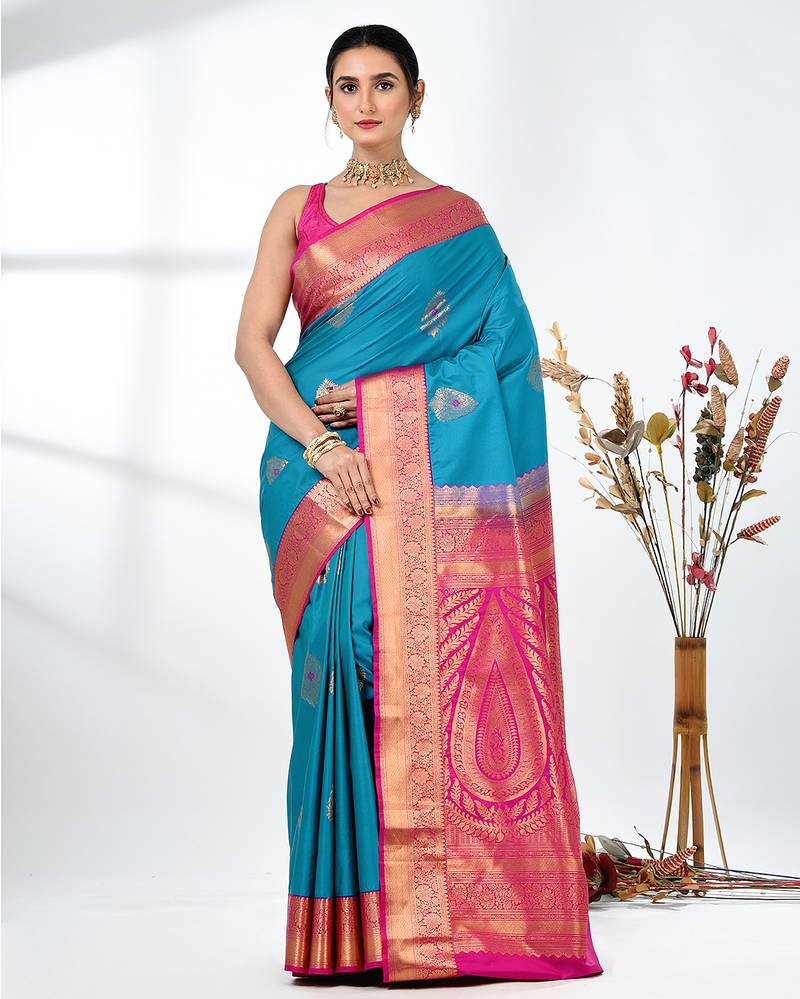 glamorous sky blue south silk blend saree with intricate zari border