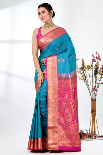 glamorous sky blue south silk blend saree with intricate zari border
