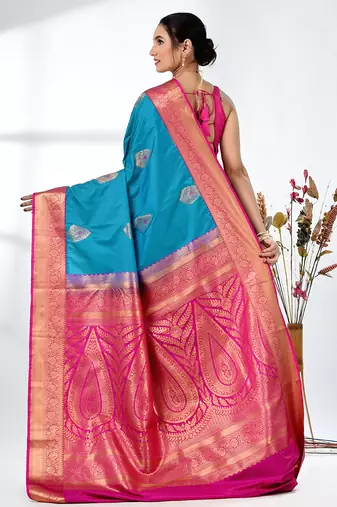 glamorous sky blue south silk blend saree with intricate zari border